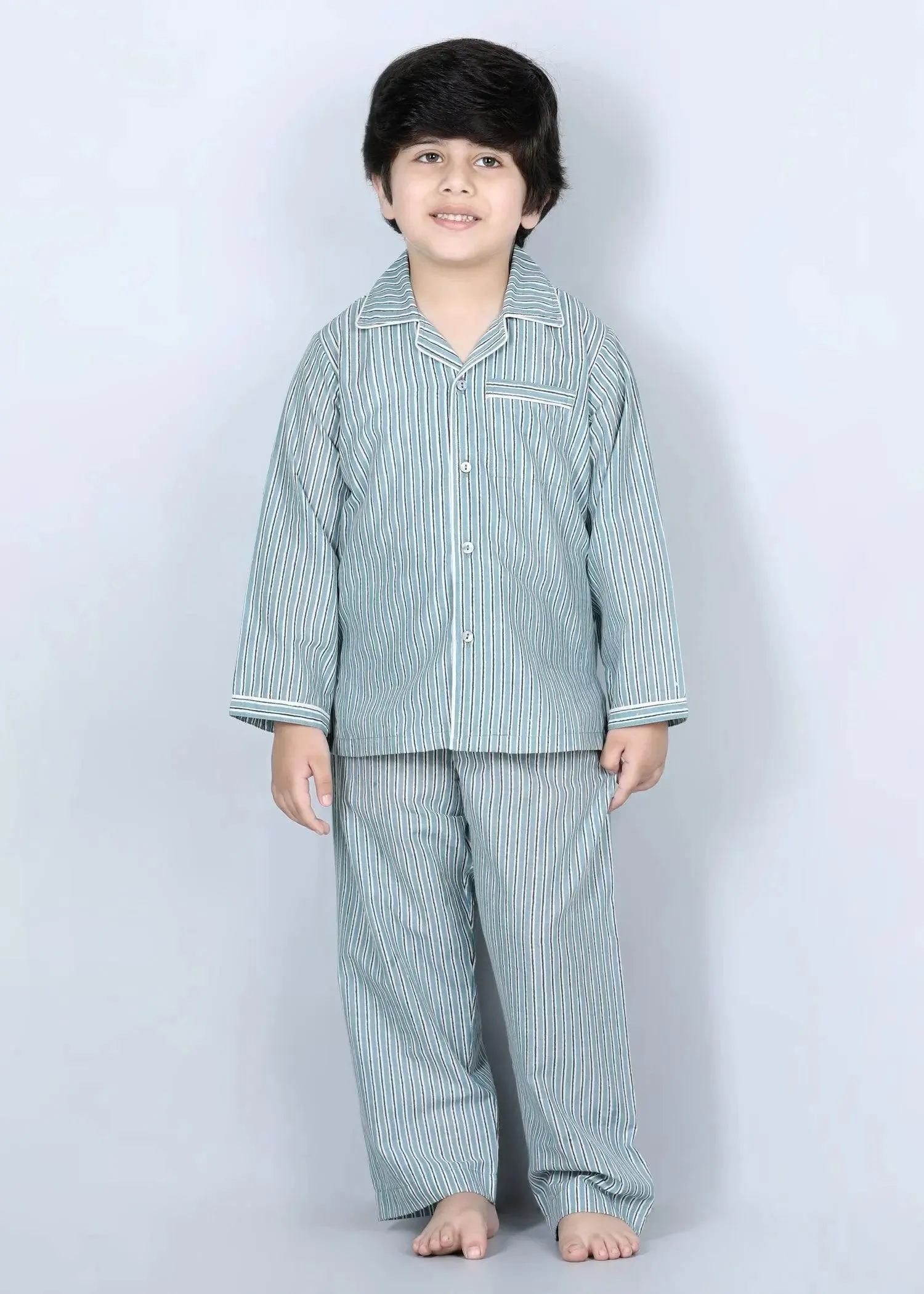 Stripes Green Cotton Full Sleeves Night Suit (1-12 Years)