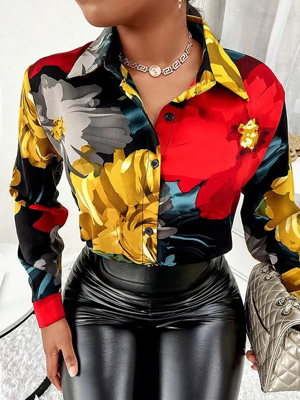 Trendy Tops Long Sleeves Loose Printed Lapel Collar Blouses&Shirts Tops