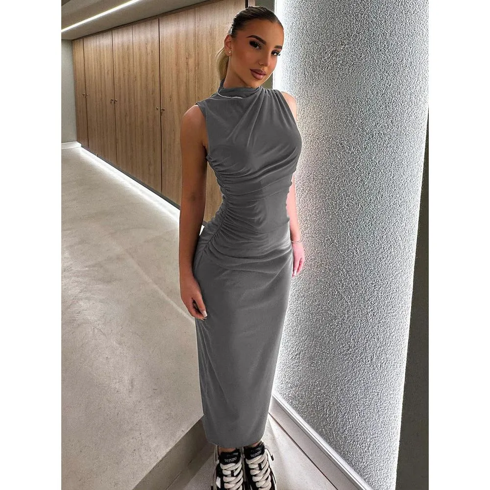 Turtleneck sleeveless back slit midi dress