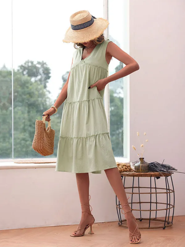 Versatile Boho Cotton Ruffle Midi Dress: Sleeveless, Tiered Ruffles