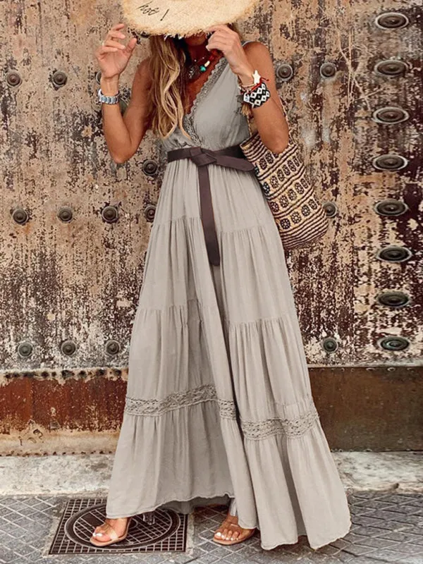 Versatile Cotton Lace Beach V-Neck Sleeveless Tiered Ruffle Maxi Dress