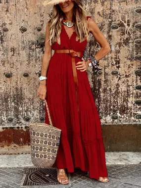 Versatile Cotton Lace Beach V-Neck Sleeveless Tiered Ruffle Maxi Dress