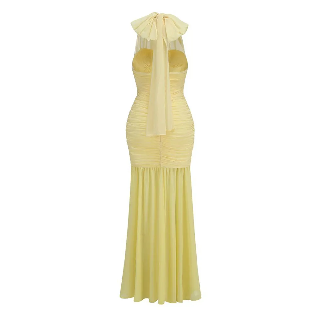 Versatile Scarf Halter Neck Mesh Ruched Split Chiffon Maxi Formal Dress