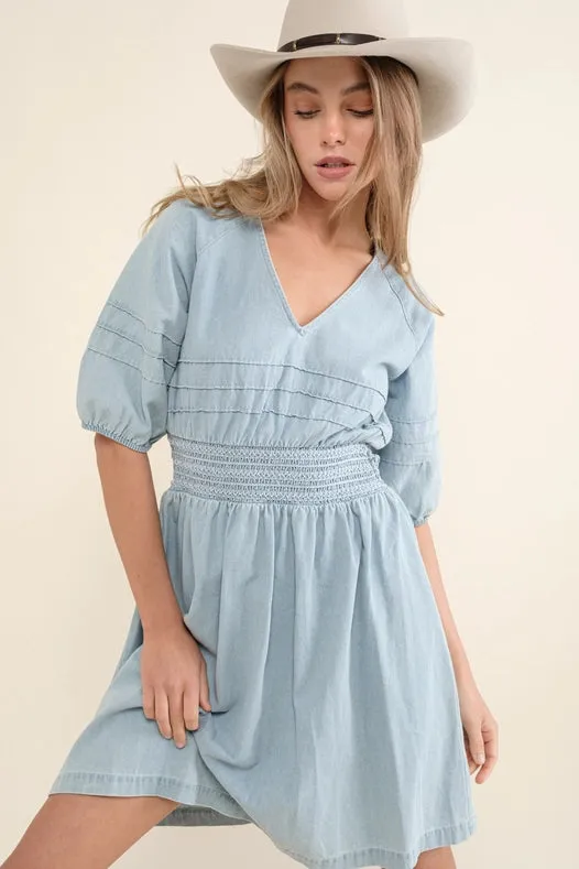 Washed Pintuck Smocked Waist Open Back Denim Dress