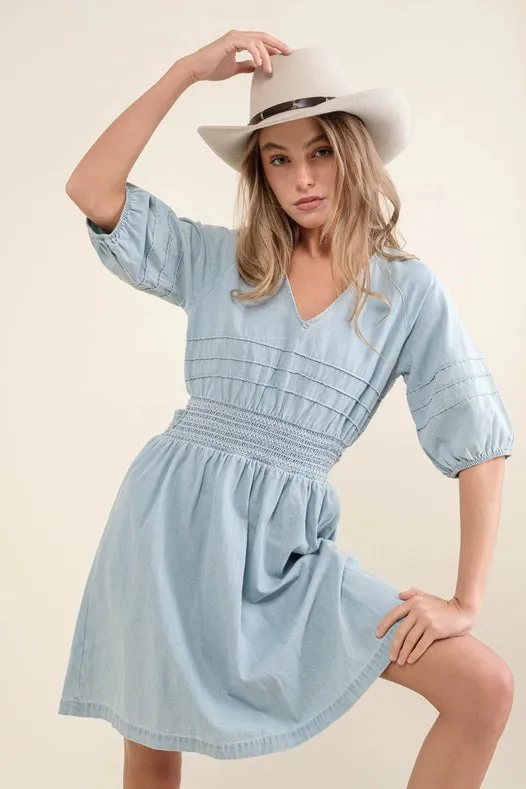 Washed Pintuck Smocked Waist Open Back Denim Dress