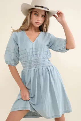 Washed Pintuck Smocked Waist Open Back Denim Dress