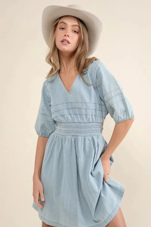 Washed Pintuck Smocked Waist Open Back Denim Dress