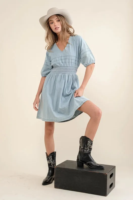 Washed Pintuck Smocked Waist Open Back Denim Dress