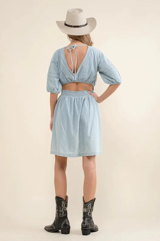 Washed Pintuck Smocked Waist Open Back Denim Dress