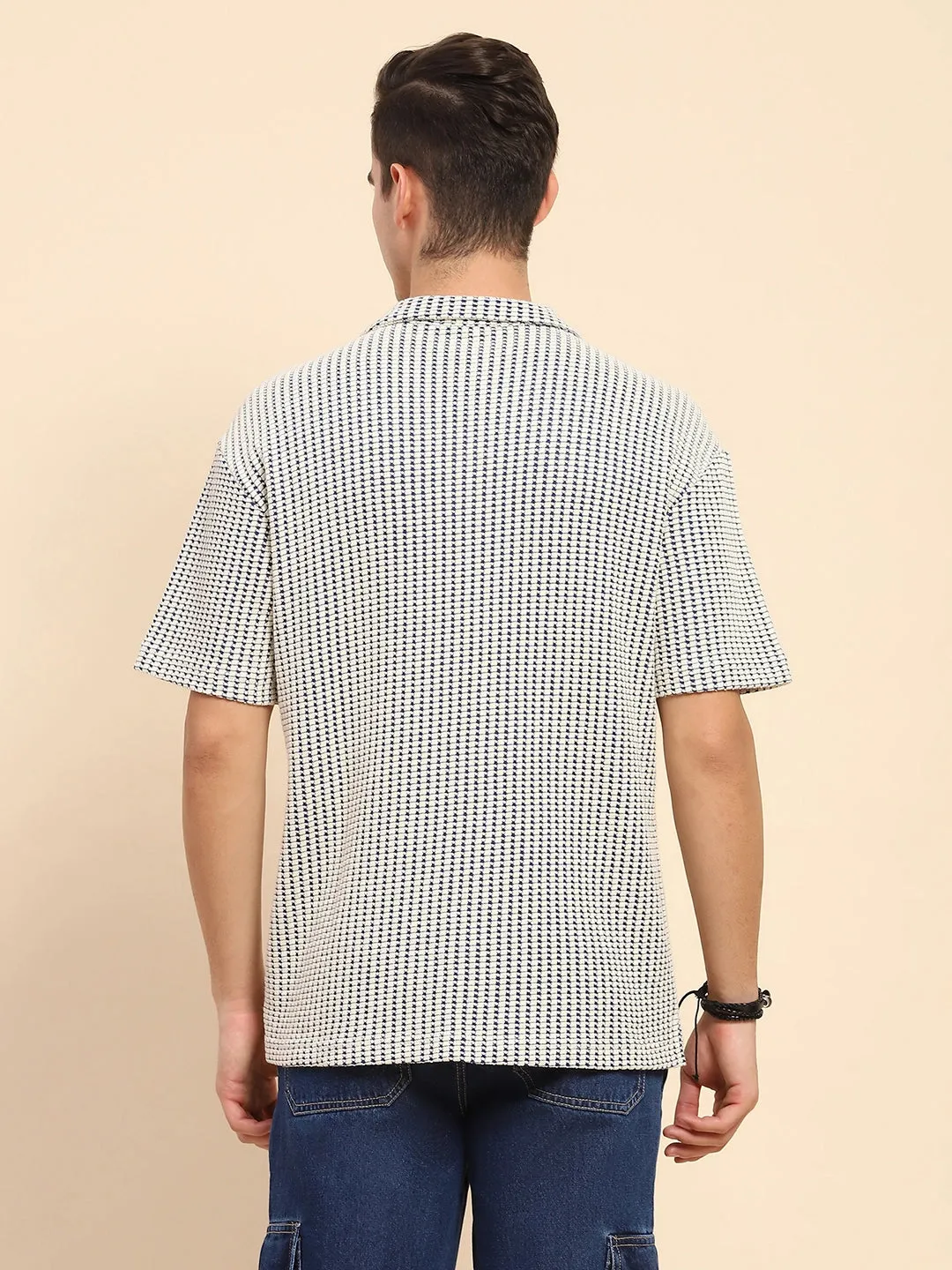 White & Blue Cotton Blend Textured Casual Shirt