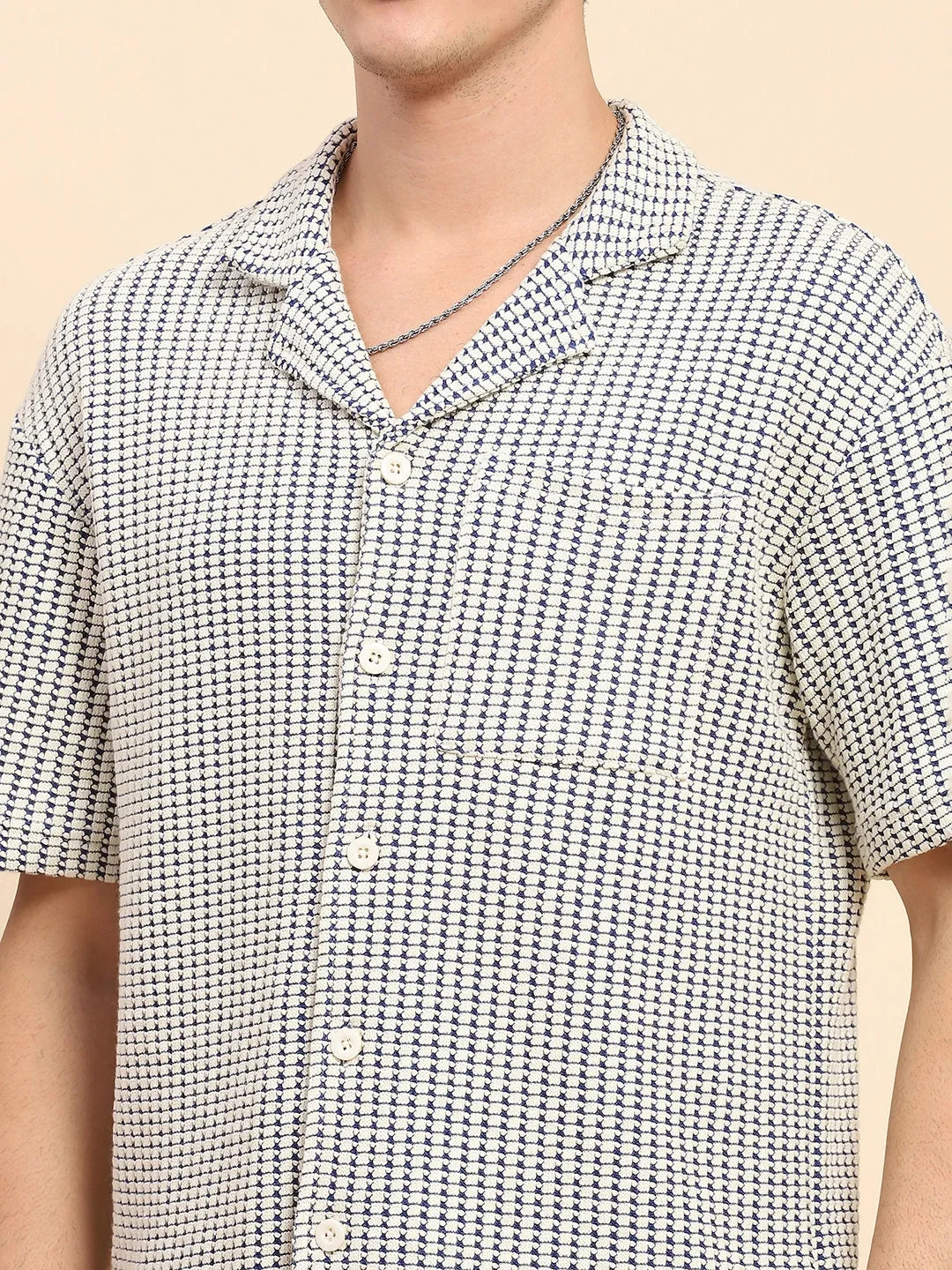 White & Blue Cotton Blend Textured Casual Shirt