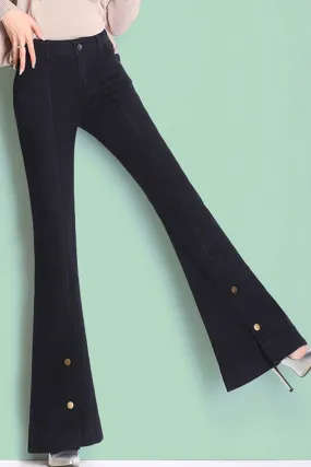 Women Comfortable High Waist Alluring Solid Colored Slim Fit Bell Bottom Denim Jeans - WJN72115