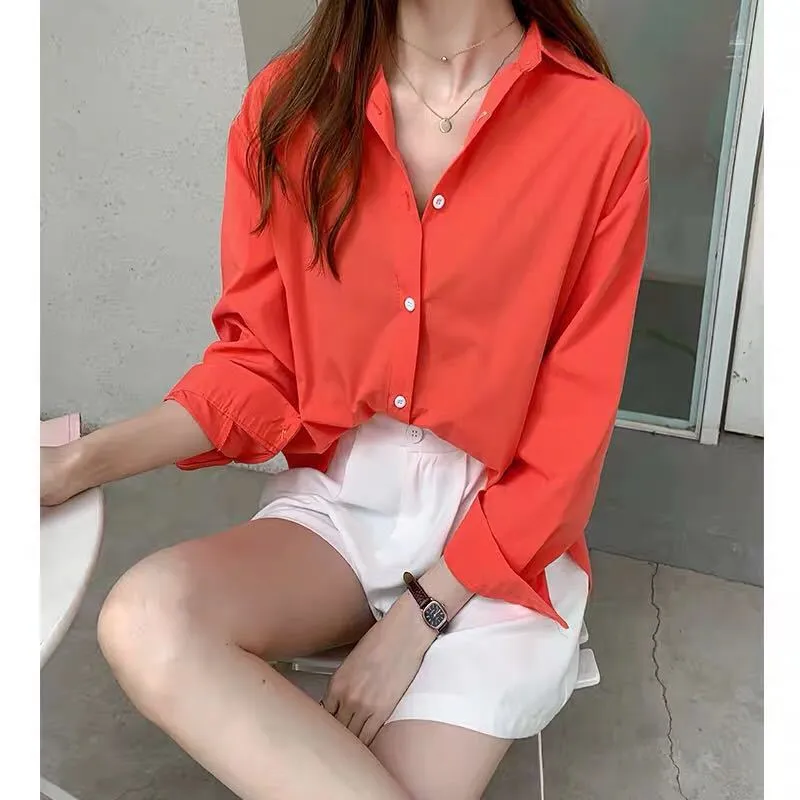 Women Korean Minimalist Trendy Tops Loose Long Sleeved Shirt Blouse