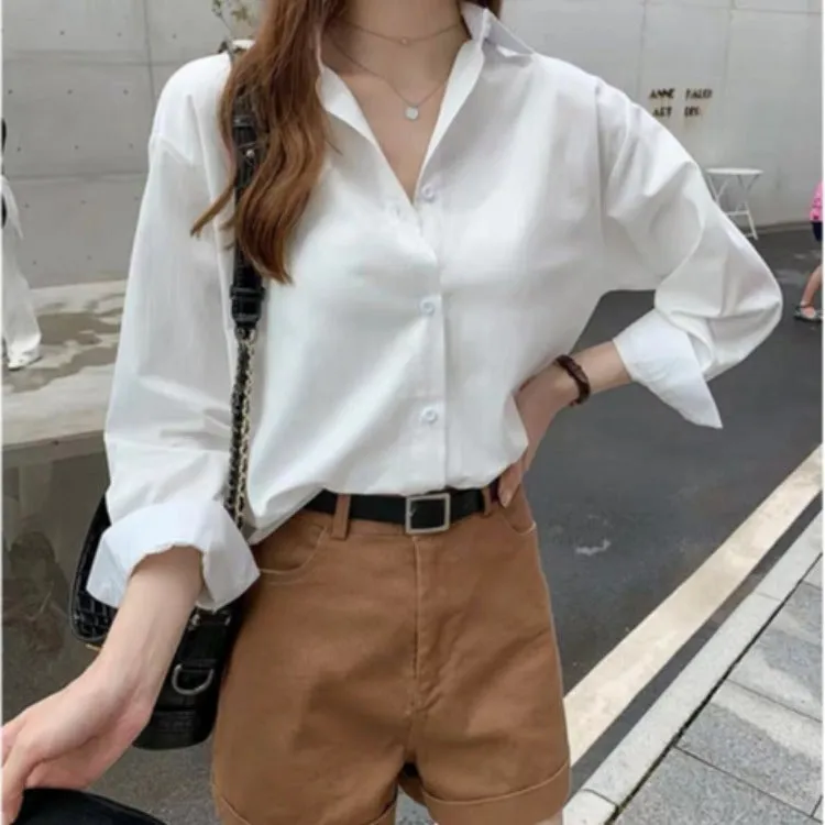 Women Korean Minimalist Trendy Tops Loose Long Sleeved Shirt Blouse